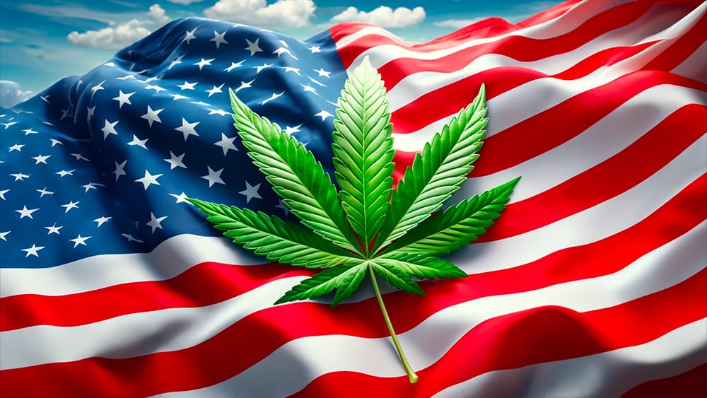 drapeau etats unis et feuille de cannabis
